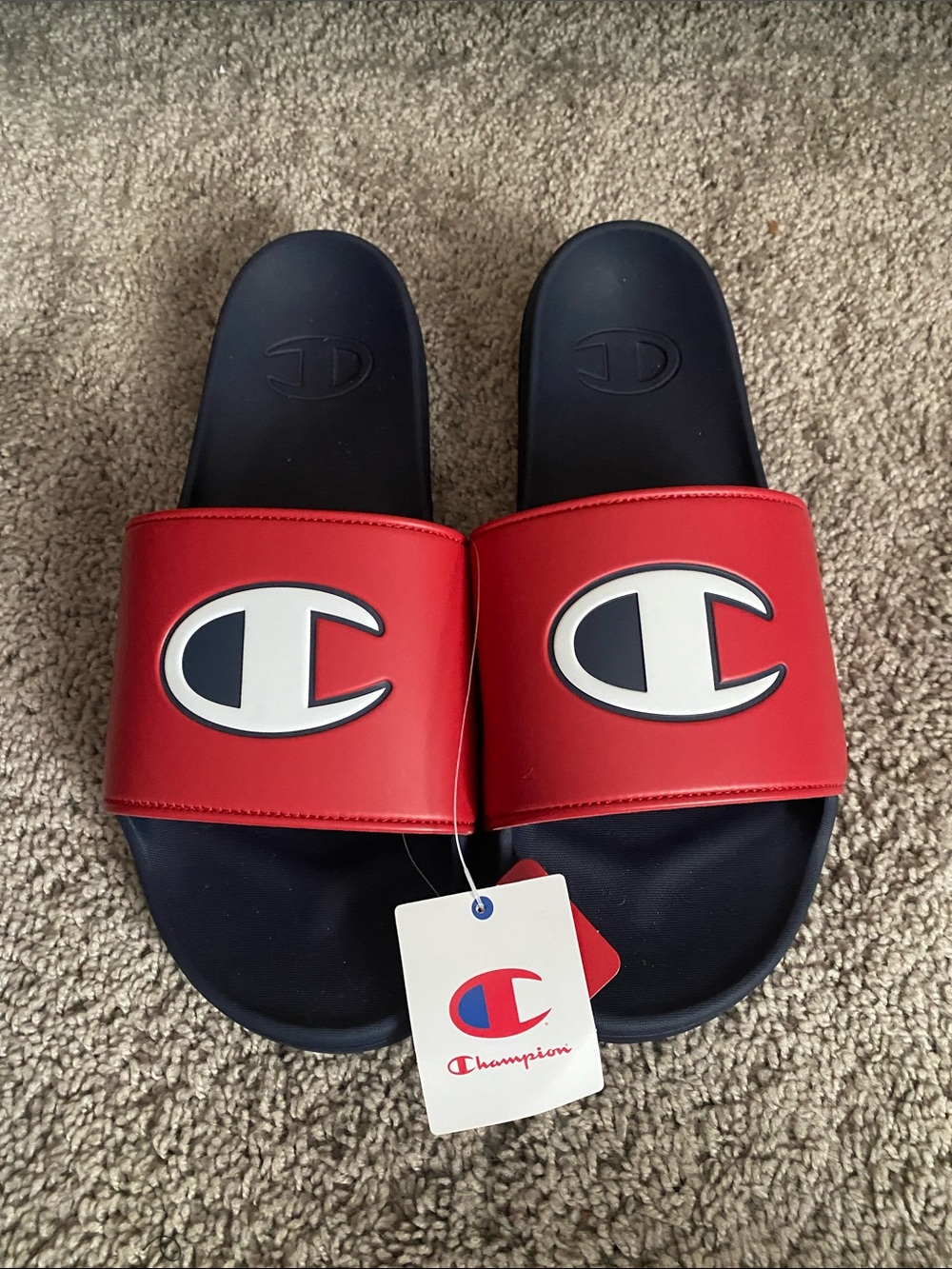 NWT Champion Red Strap Navy Footbed Mens Slide Sandals size 13